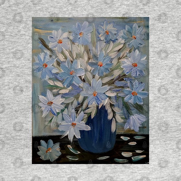 stunning some abstract flowers and silver leaves in a Blue and teal vase and I love the vase in metallic finish on it . by kkartwork